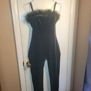 ellie and Kate Adjustable Spaghetti Strap Velvet Jumpsuit W/ Front Fur